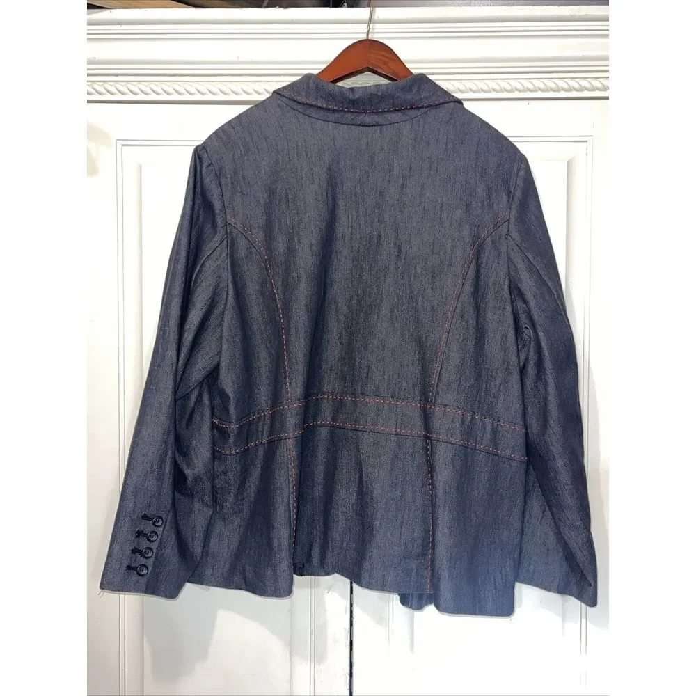 Lane Bryant Blazer Women 26‎ Dark Chambray Embroidered Red Stitched Peak Lapel